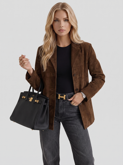 Women's brown suede blazer with suede finish and hip length hem