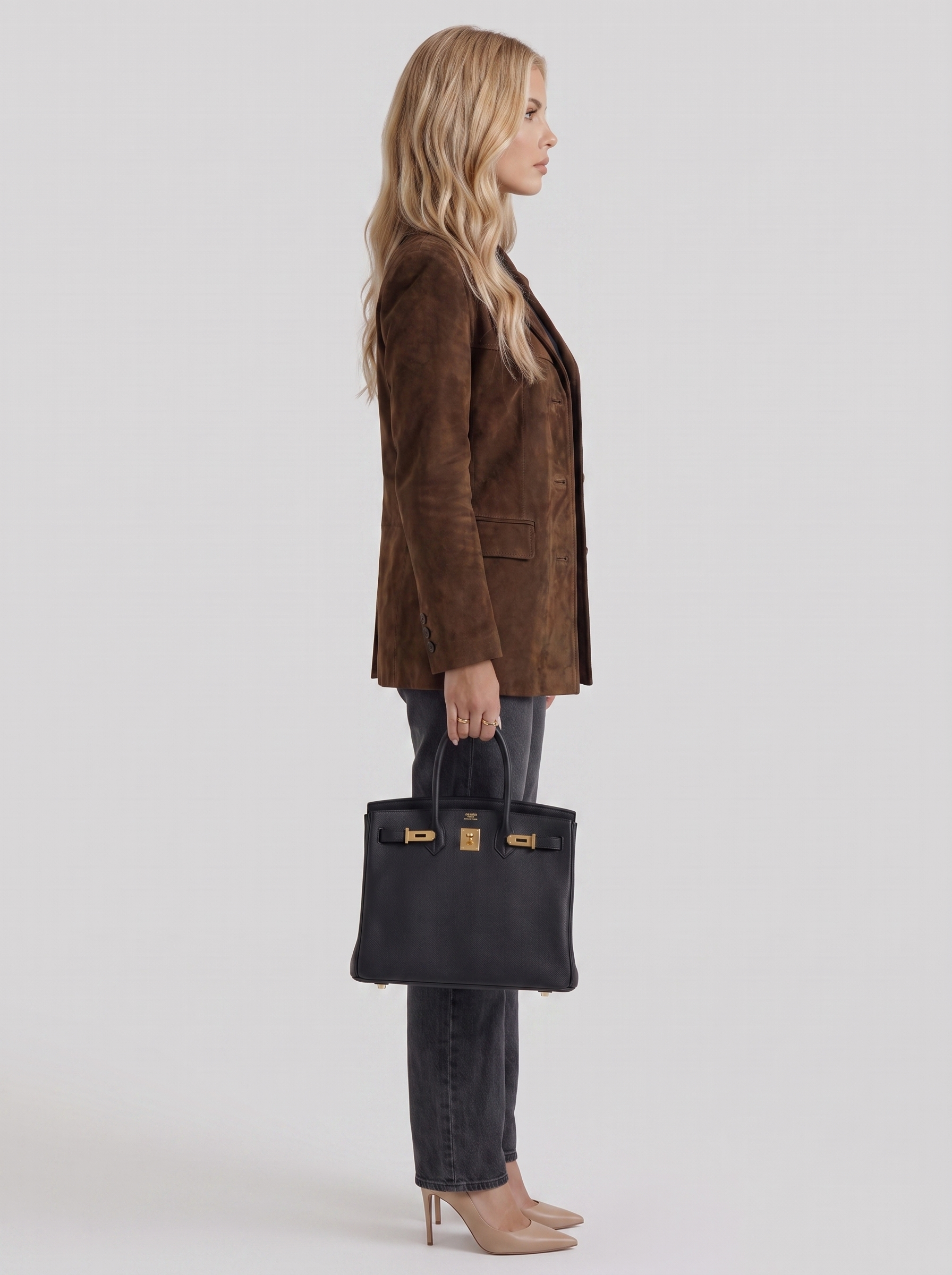 Women's brown suede blazer with suede finish and hip length hem