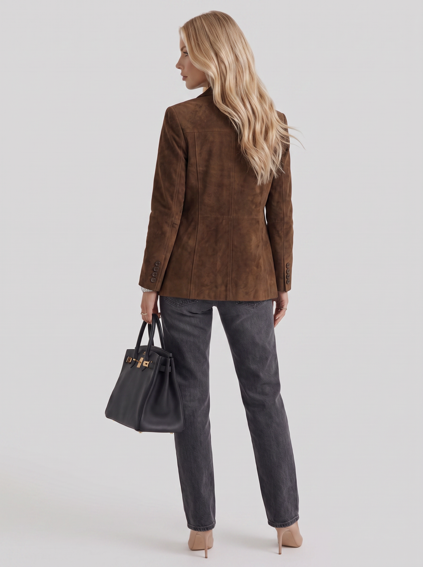 Women's brown suede blazer with suede finish and hip length hem