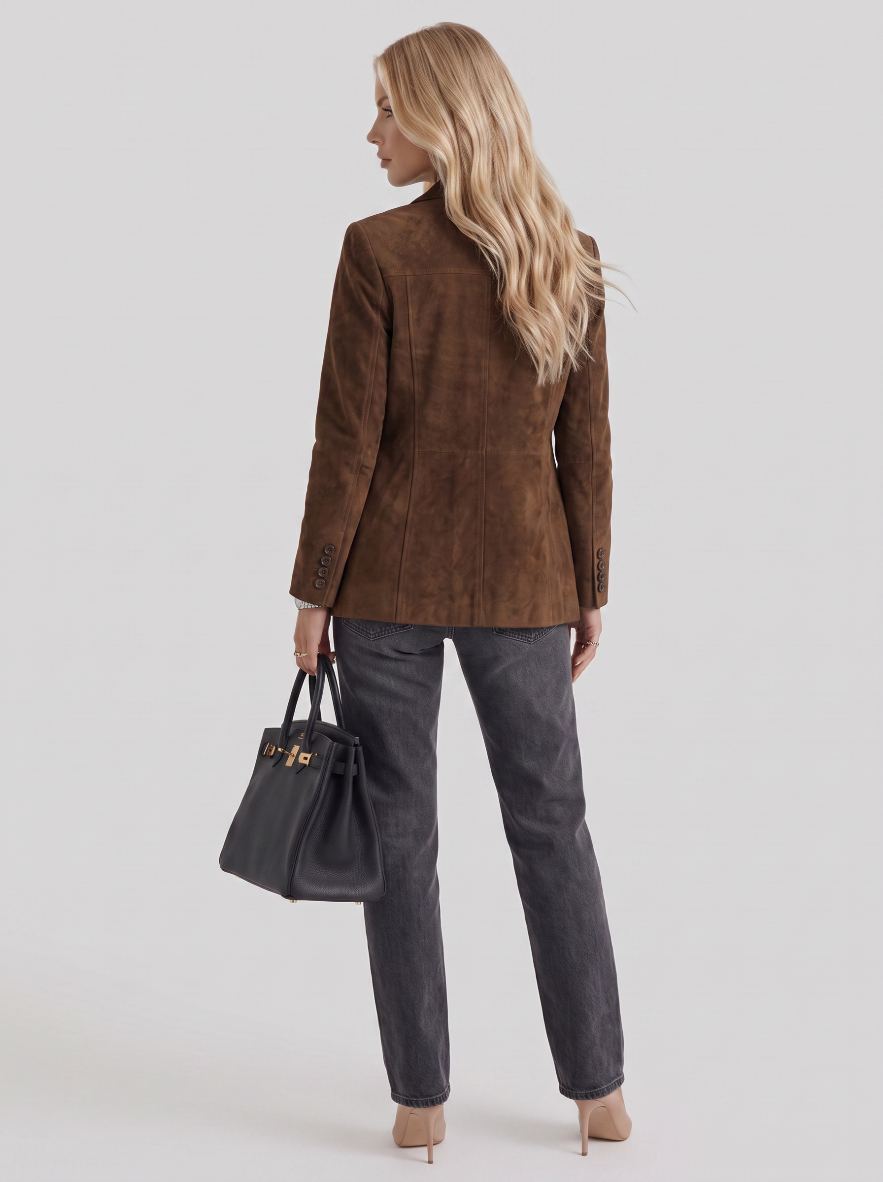 Women's brown suede blazer with suede finish and hip length hem