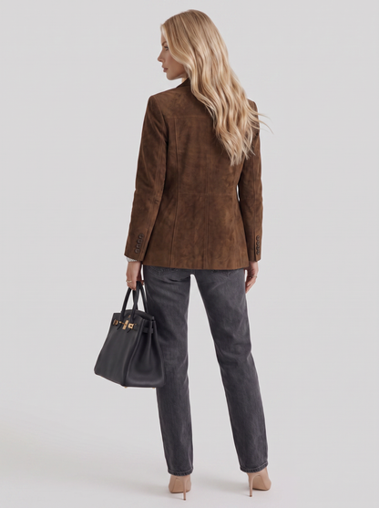 Women's brown suede blazer with suede finish and hip length hem