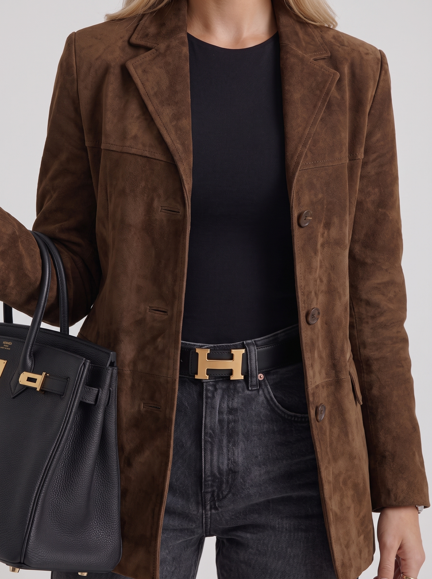 Women's brown suede blazer with suede finish and hip length hem