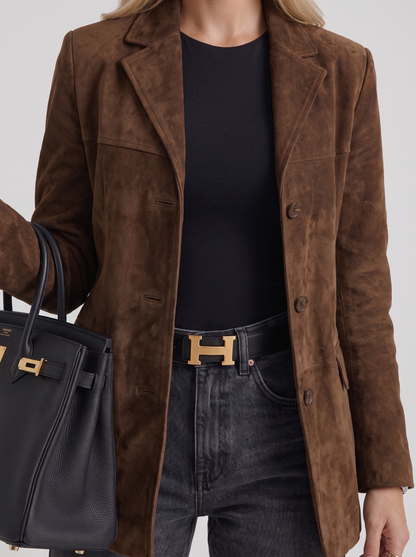 Women's brown suede blazer with suede finish and hip length hem