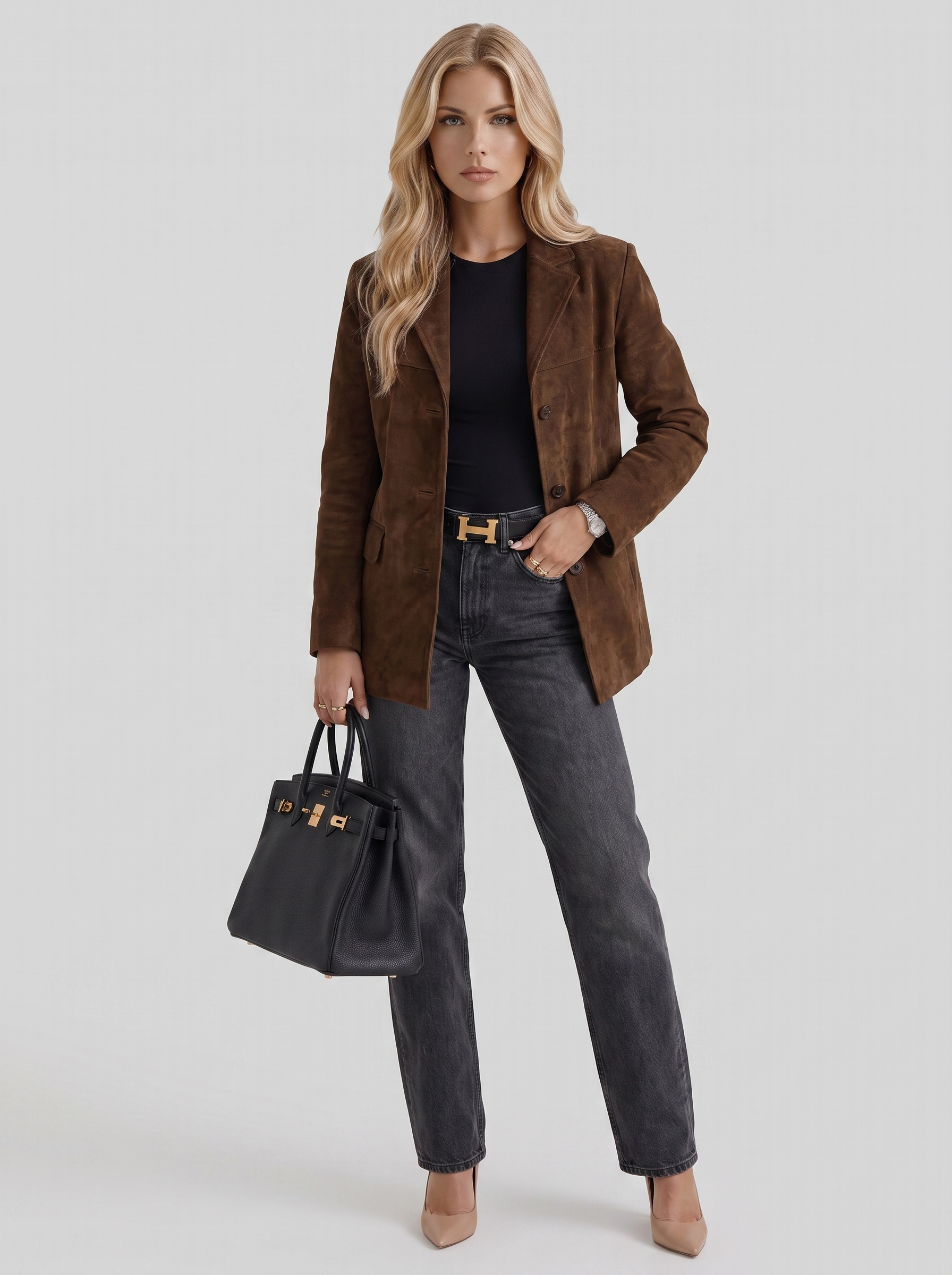 Women's brown suede blazer with suede finish and hip length hem