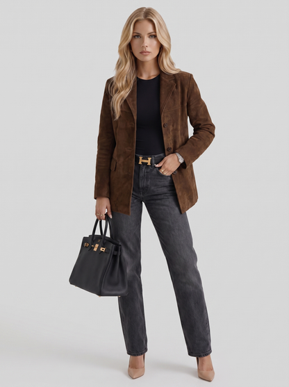 Women's brown suede blazer with suede finish and hip length hem