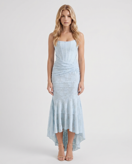 Women light blue corset maxi dress with mermaid hi lo silhouette and side ruching, front view