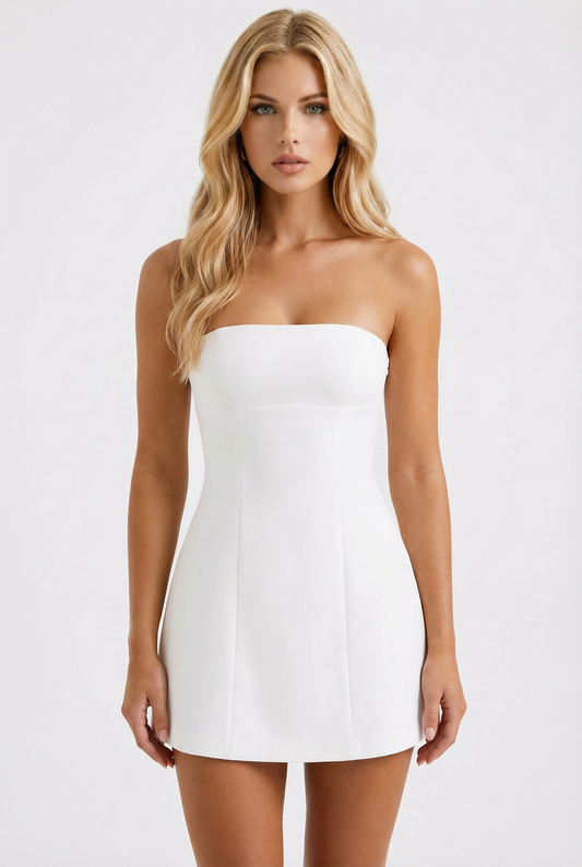 Women white strapless mini dress with straight neckline and fitted bodice