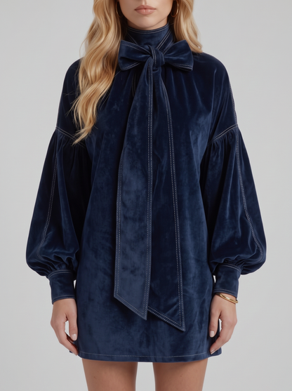 Carmen Bow Mini Dress - Dark Blue