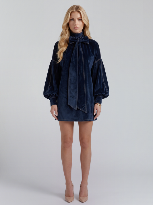 Carmen Bow Mini Dress - Dark Blue