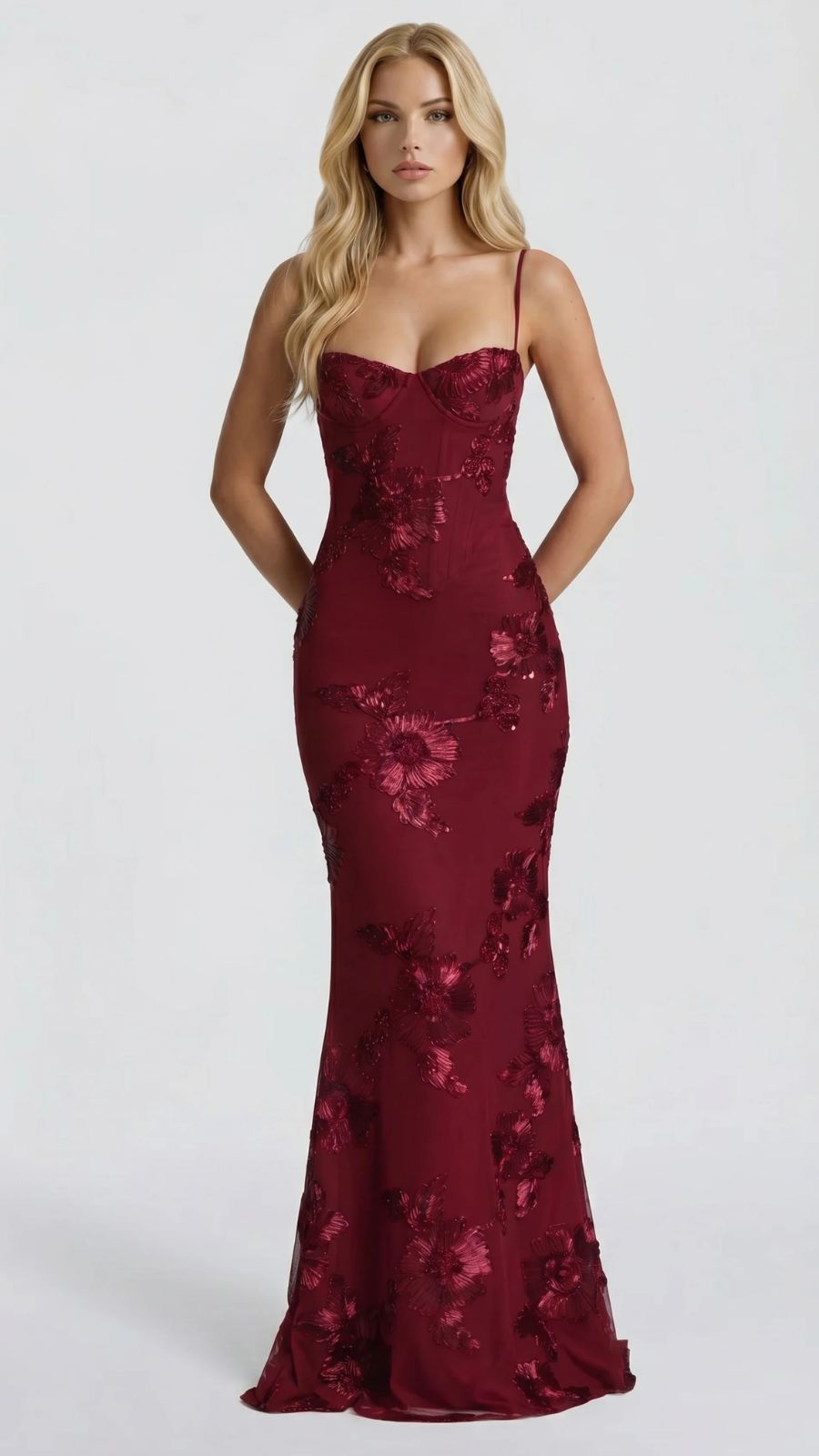 Full-length front view of a burgundy floral maxi dress with intricate sequins and delicate spaghetti straps