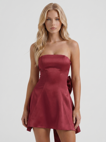 Women burgundy strapless side bow satin mini dress, front cropped view