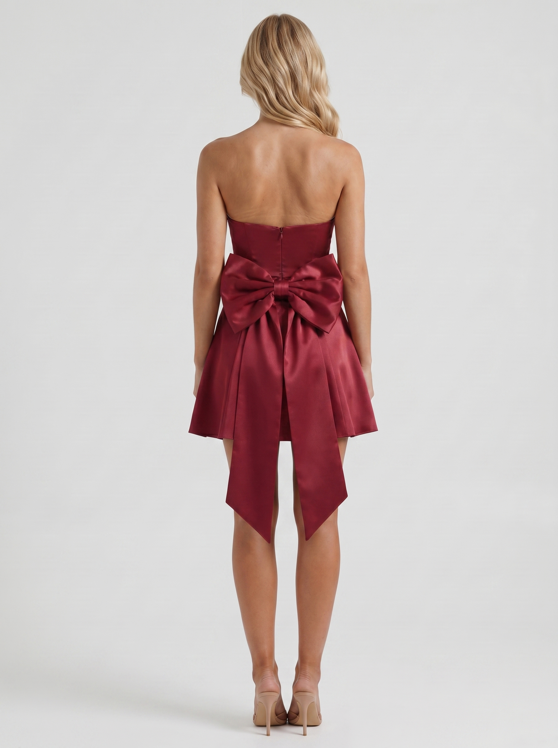 Women burgundy strapless side bow satin mini dress, back view