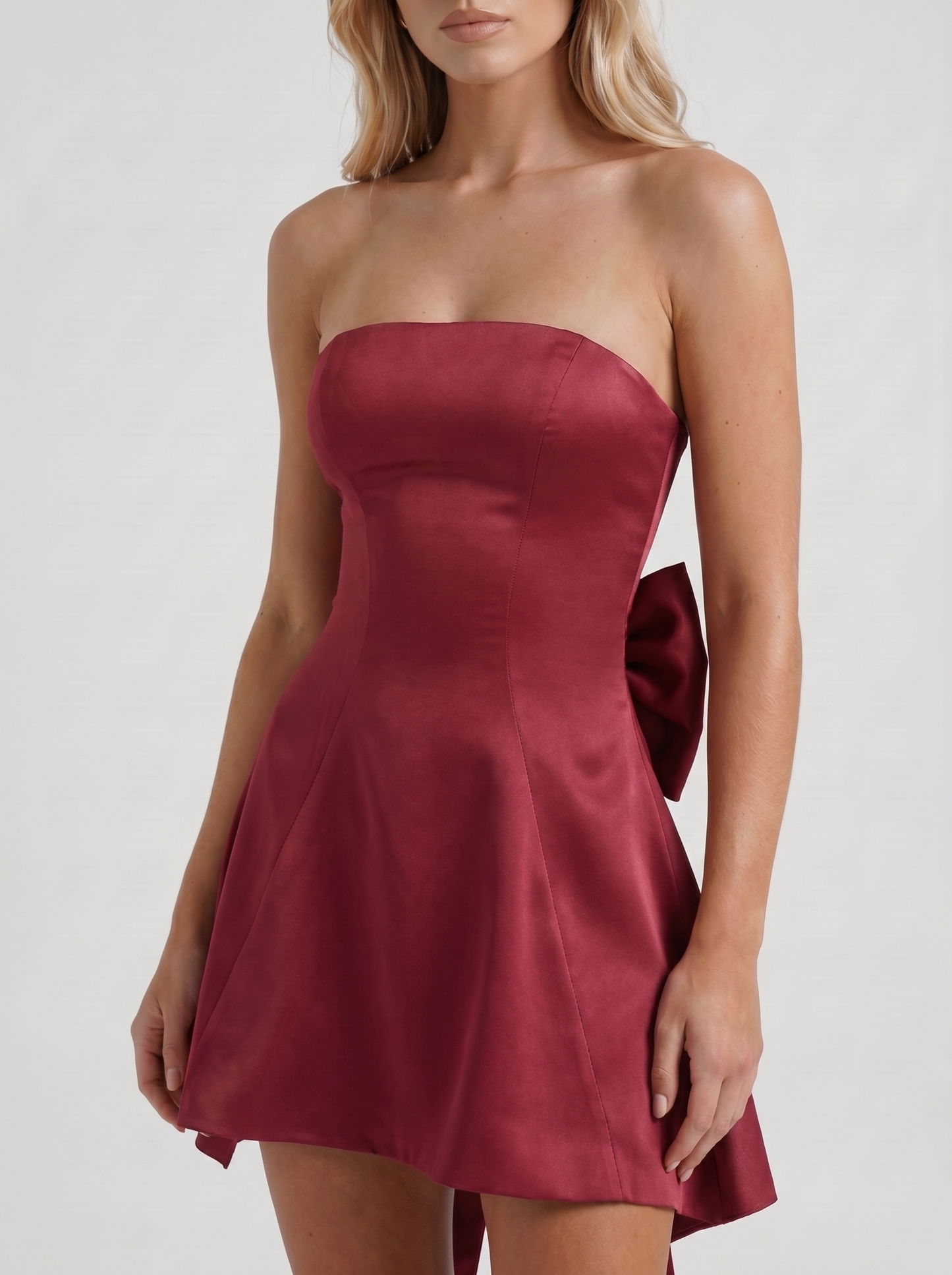 Women burgundy strapless side bow satin mini dress, detail view