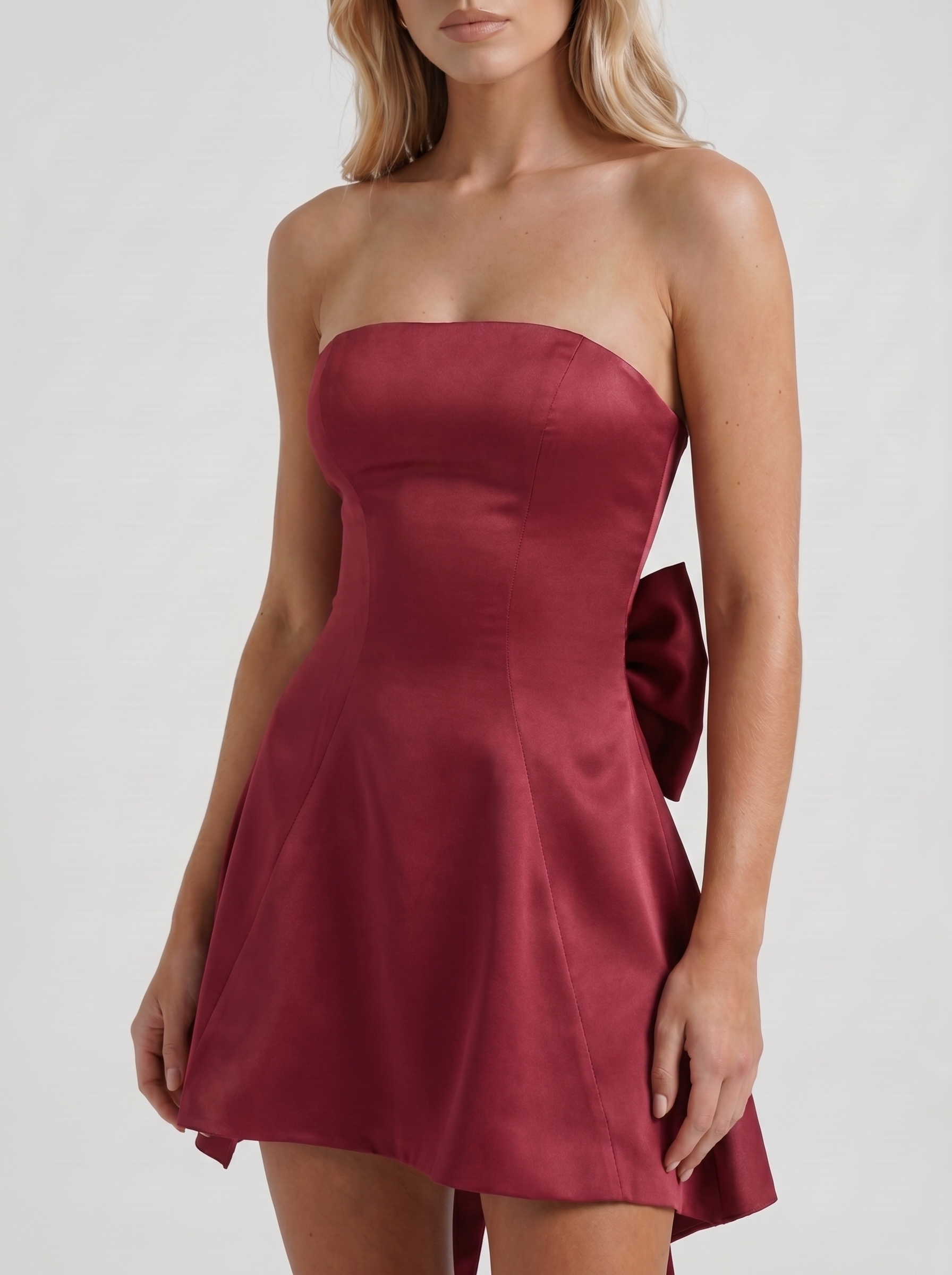 Women burgundy strapless side bow satin mini dress, detail view