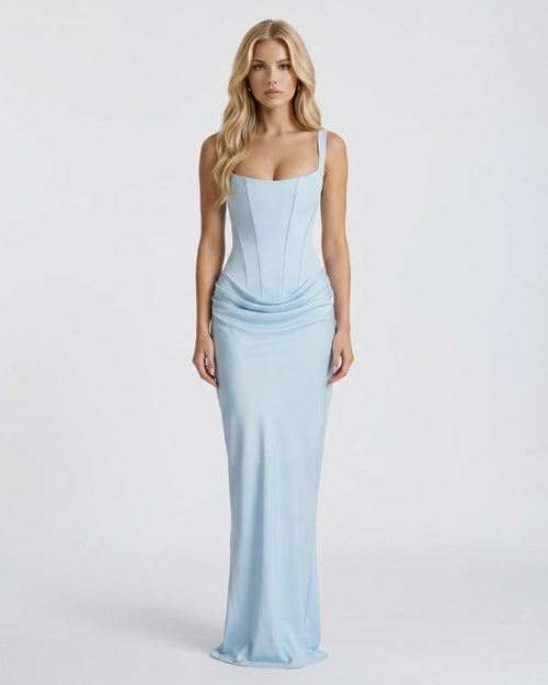 Women glacier blue maxi dress with square neckline, wide straps, and corset seam bodice front view