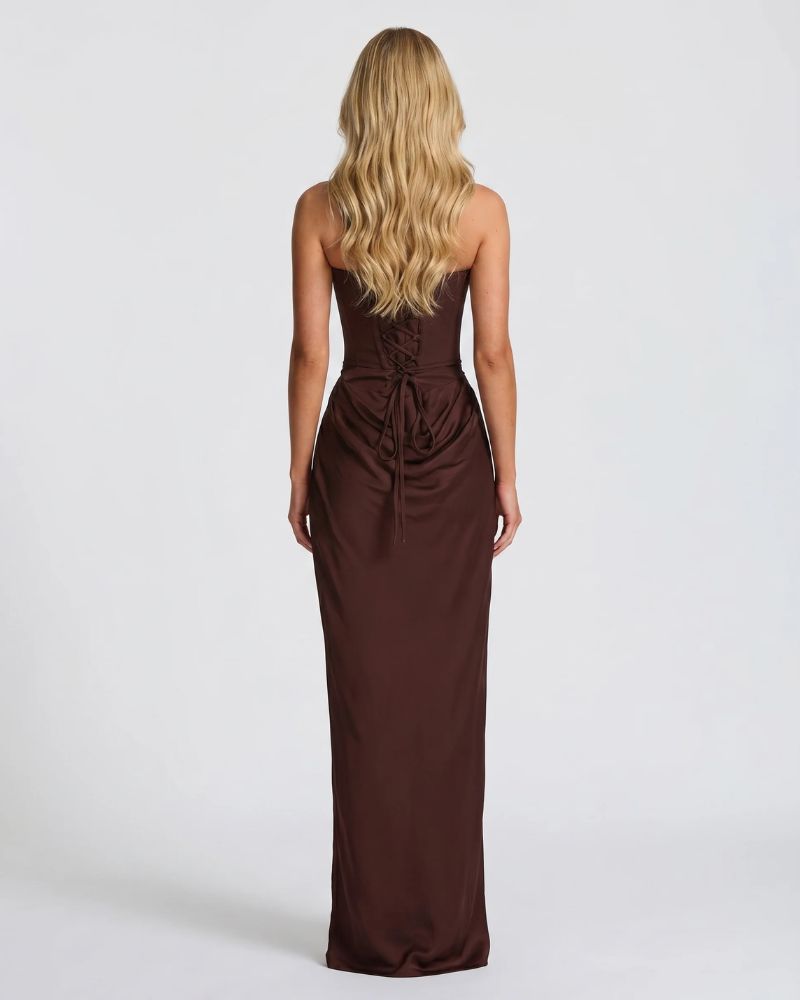 jocelyn butterfly maxi dress in brown Women's Semi-Formal Dress- Cascading Ruffled Dress- Wedding Guest Dress- Storia Brown Floral Dress Small main image 0