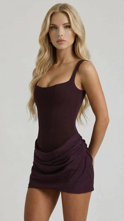 Close-up front view of the purple corset mini dress, highlighting the square neckline and structured bodice with visible seams.