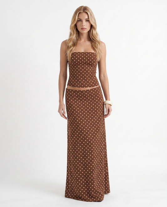 Women cocoa polka dot two piece set with strapless bandeau top and wrap maxi skirt with knot tie, front view