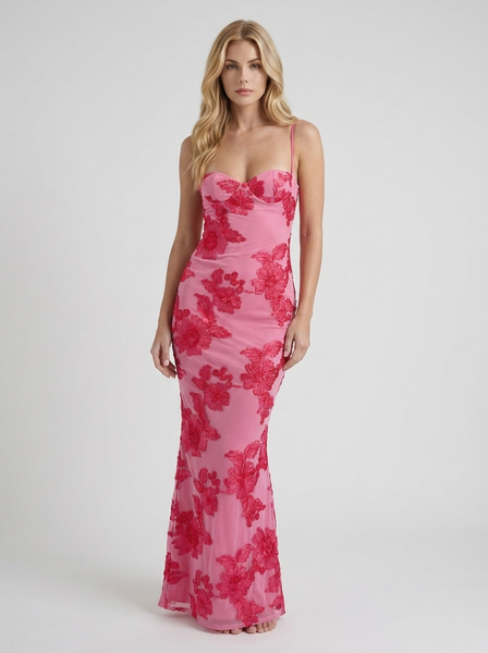 Chloe Floral Mesh Bodycon Maxi Dress - Pink - M - Fashion
