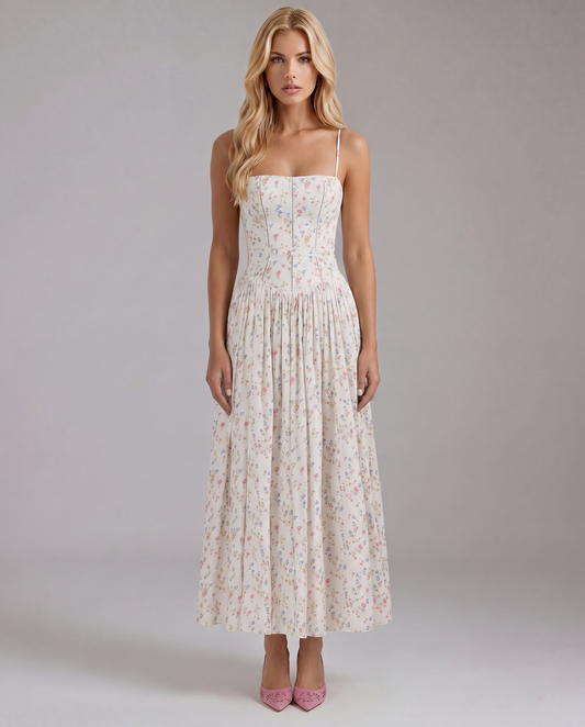 Women cream floral print midi dress front view with straight neckline spaghetti straps and gathered skirt