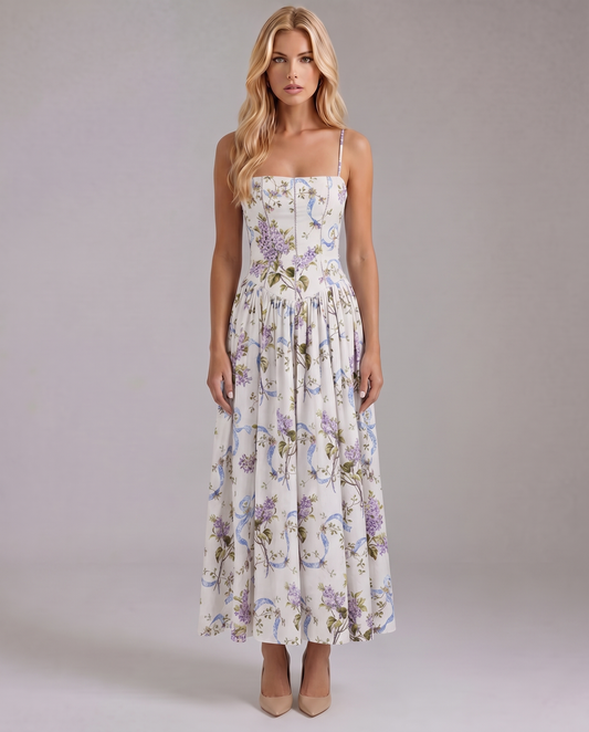 White midi dress with lilac floral print, square neckline and fitted corset bodice, front view