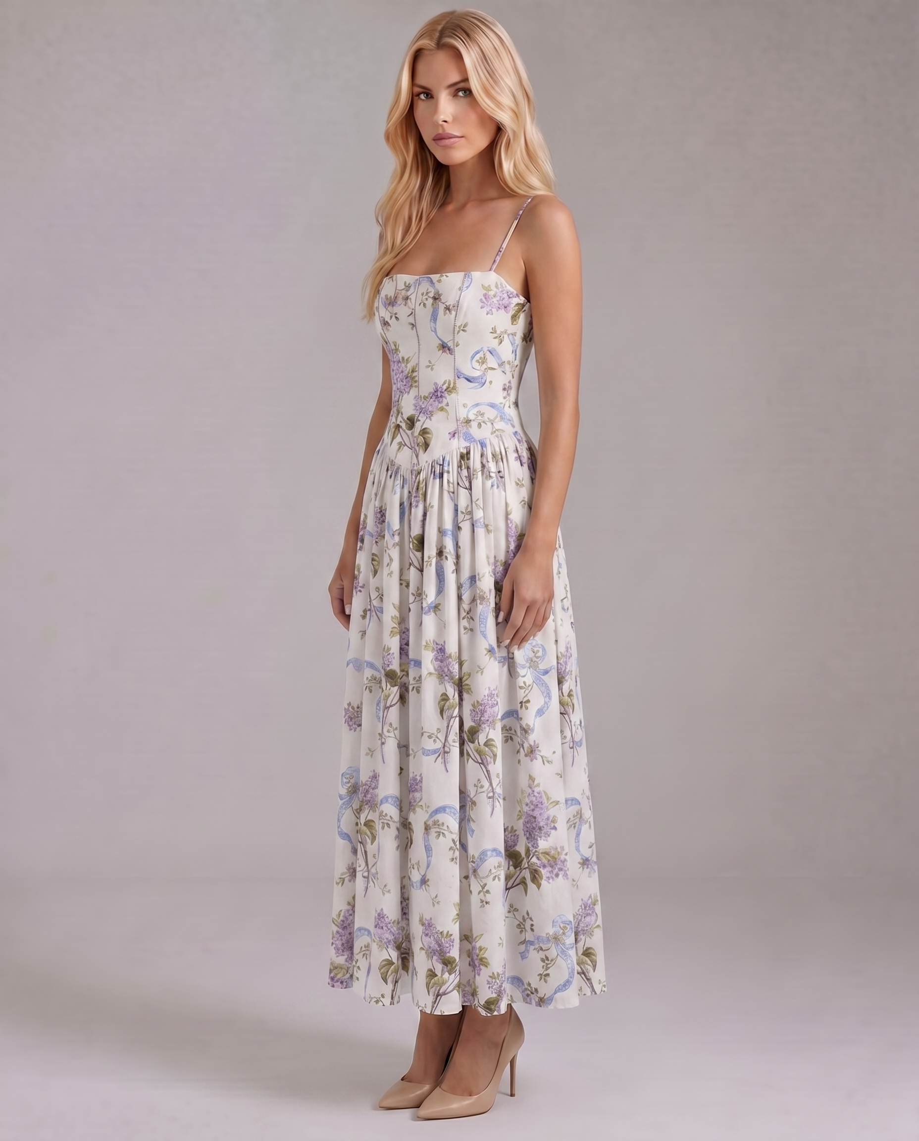 Cielle Floral Midi Dress - Lilac Garden - L - Fashion