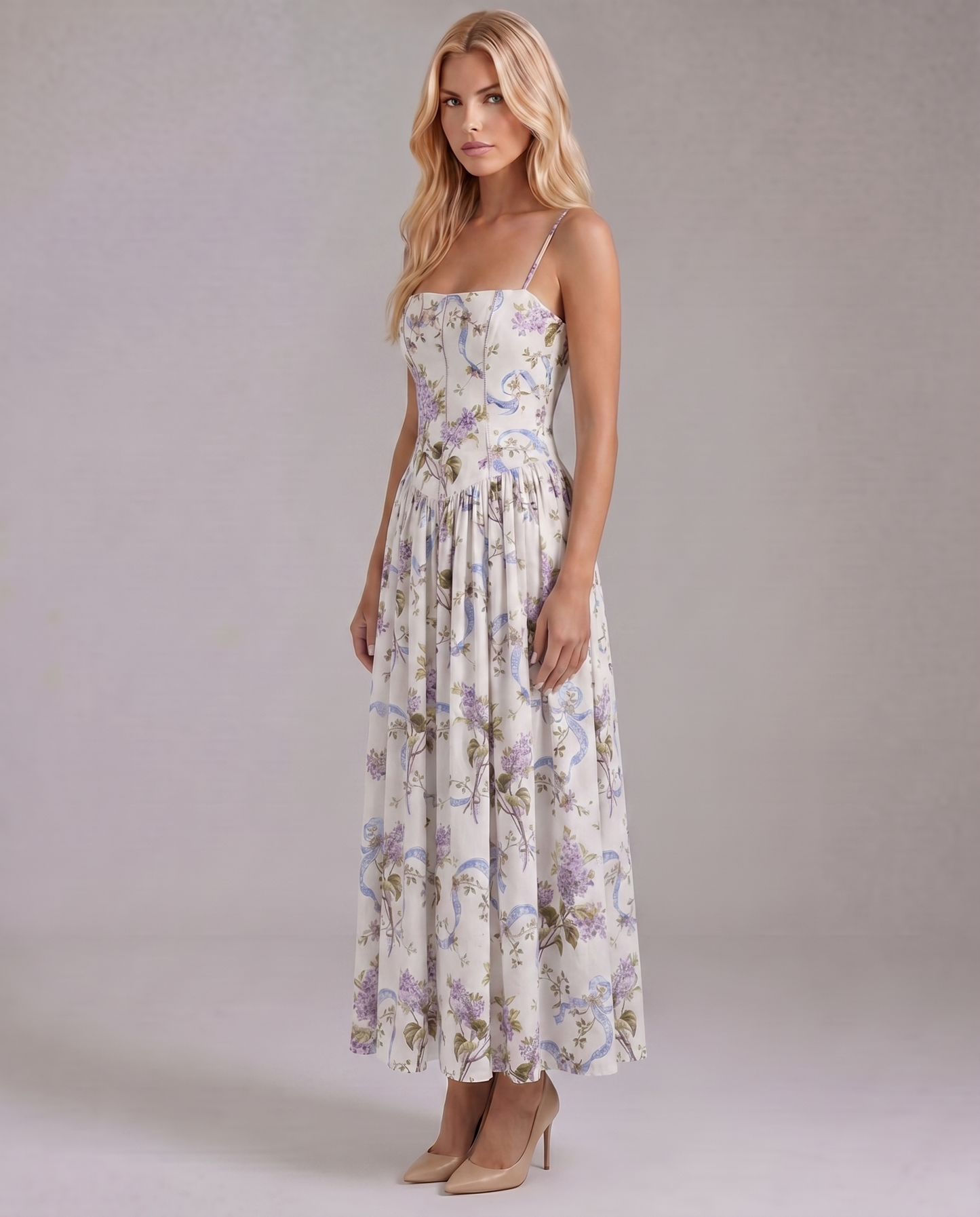 Cielle Floral Midi Dress - Lilac Garden