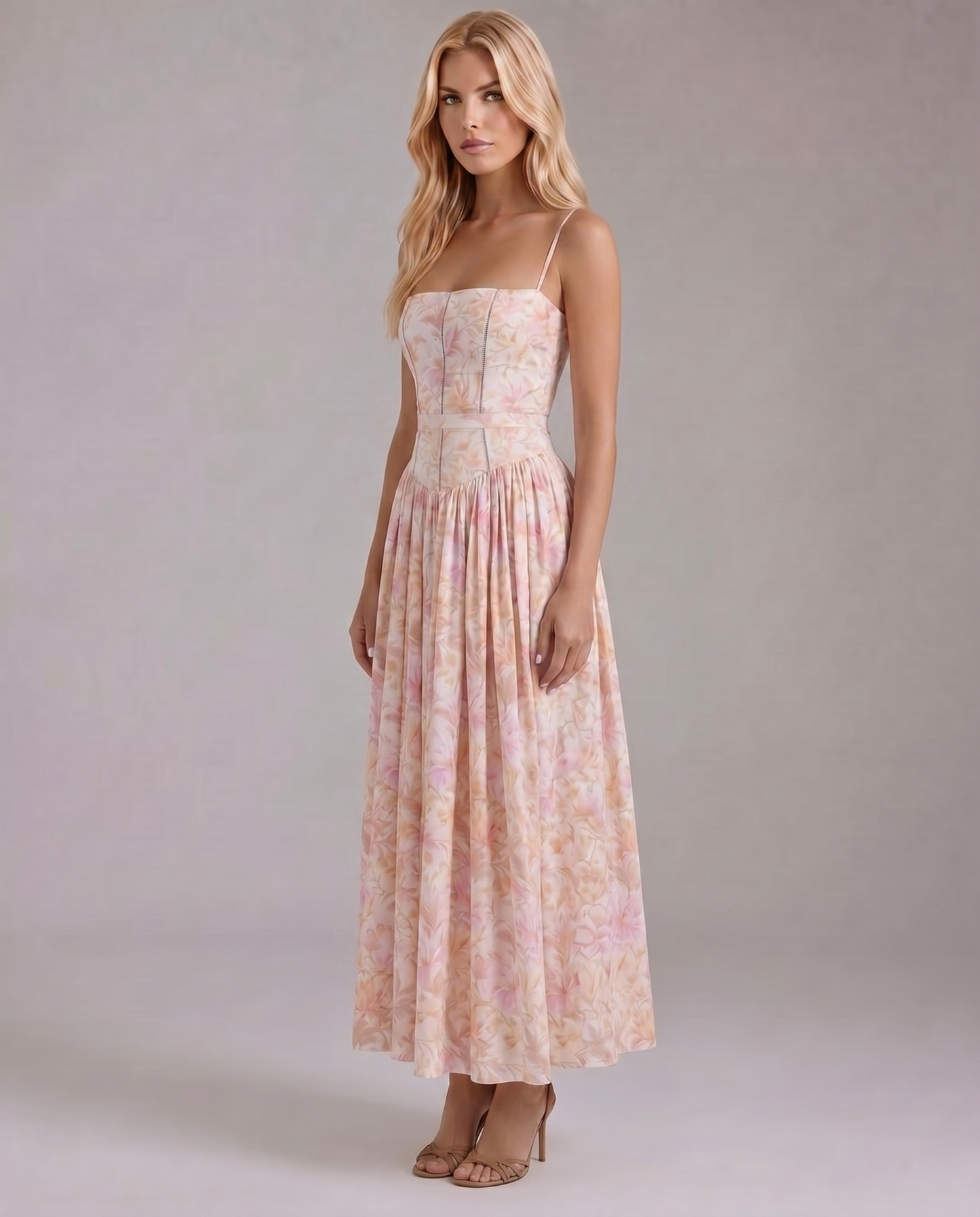 Cielle Floral Midi Dress - Peach Blossom
