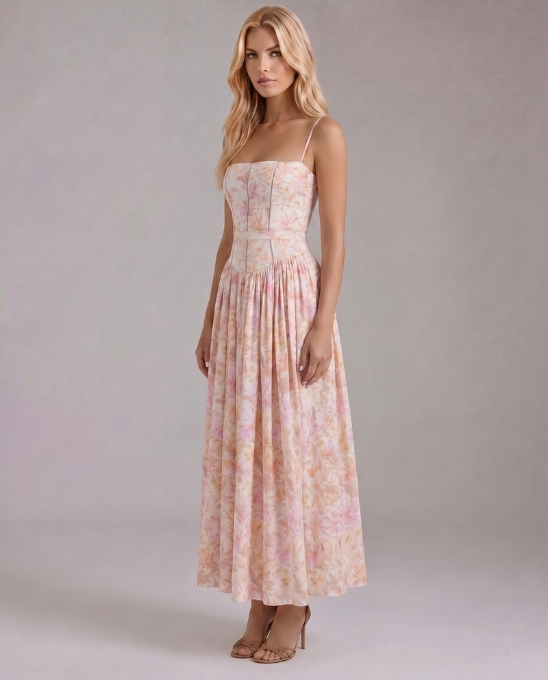 Cielle Floral Midi Dress - Peach Blossom