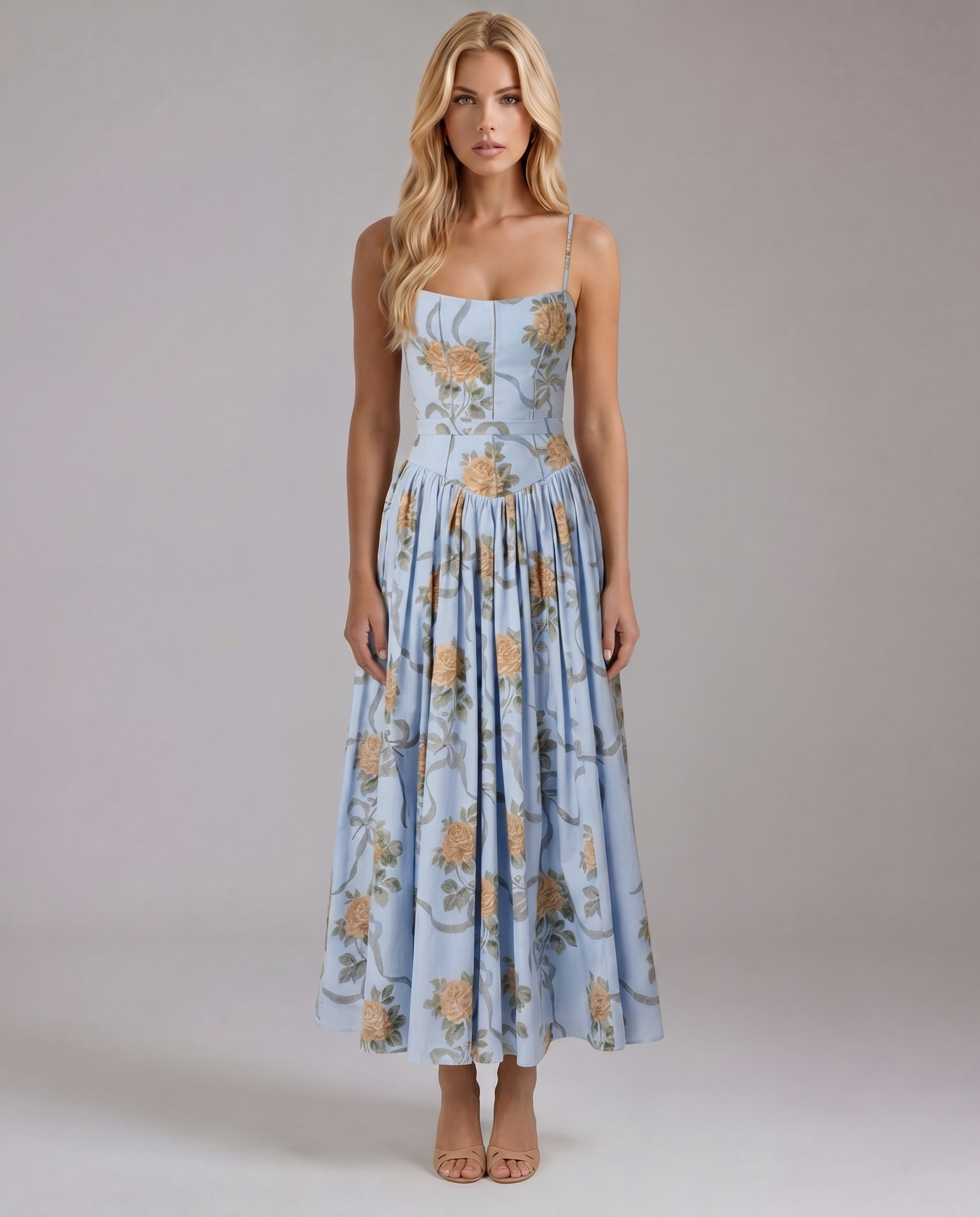 Vintage blue floral midi dress with square neckline, thin straps, fitted bodice and gathered skirt