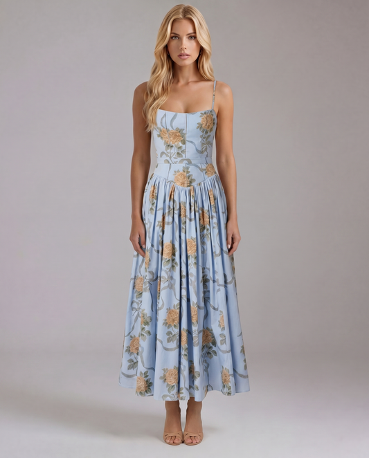 Vintage blue floral midi dress with square neckline, thin straps, fitted bodice and gathered skirt