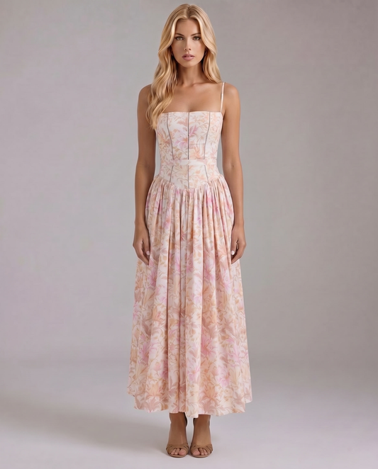 Women peach floral midi dress front view with straight neckline, spaghetti straps, gathered skirt, quality print