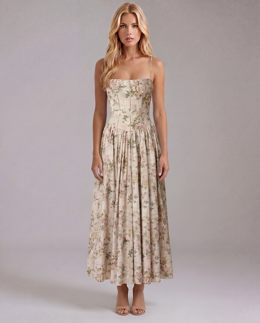 Women cream floral midi dress with straight neckline and spaghetti straps, full front view quality