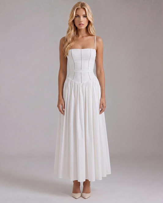 Women white midi dress with straight neckline, thin straps, fitted bodice and gathered skirt, quality front view