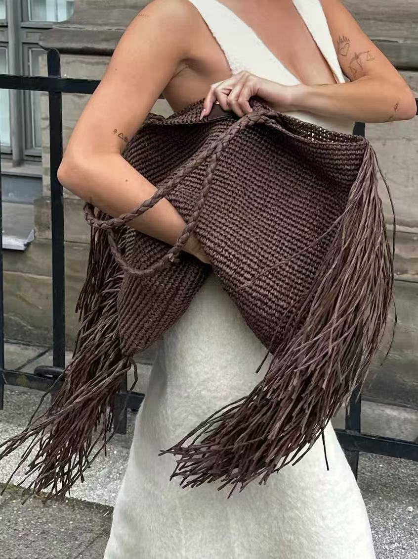 Women brown tote bag with fringe trim and woven body