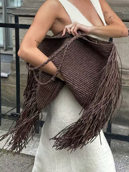 Women brown tote bag with fringe trim and woven body