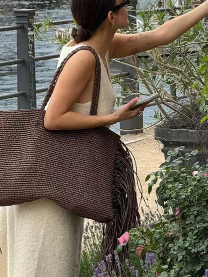 Women brown tote bag with fringe trim and woven body