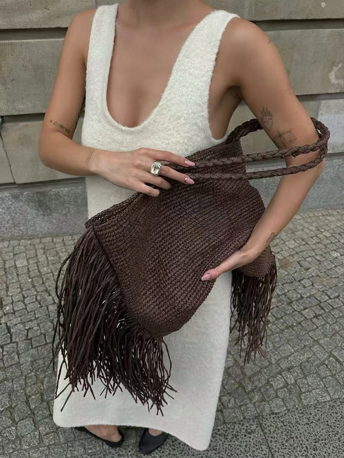 Women brown tote bag with fringe trim and woven body
