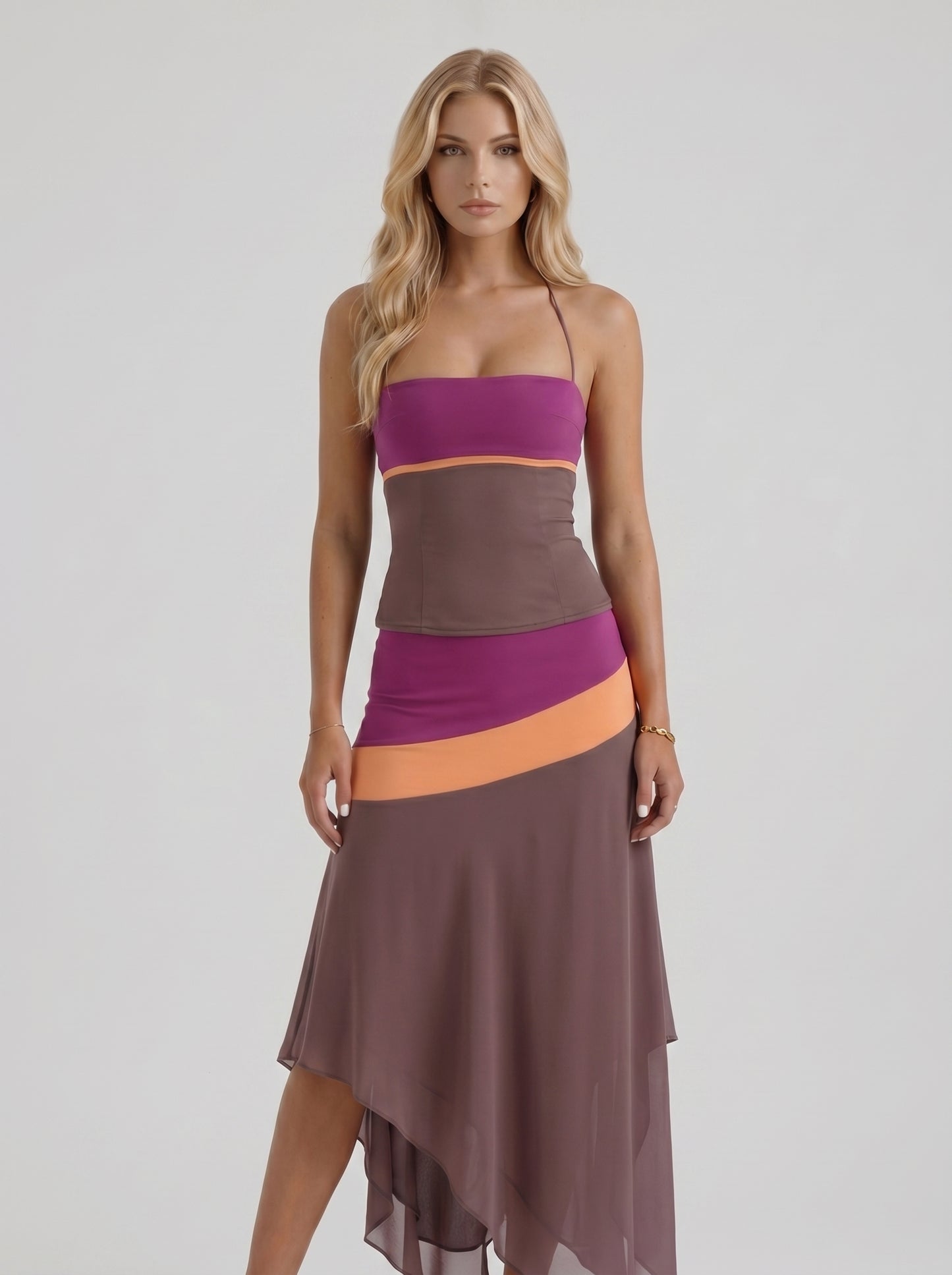 Women mauve and orange color block bandeau top and asymmetric skirt set, front cropped view