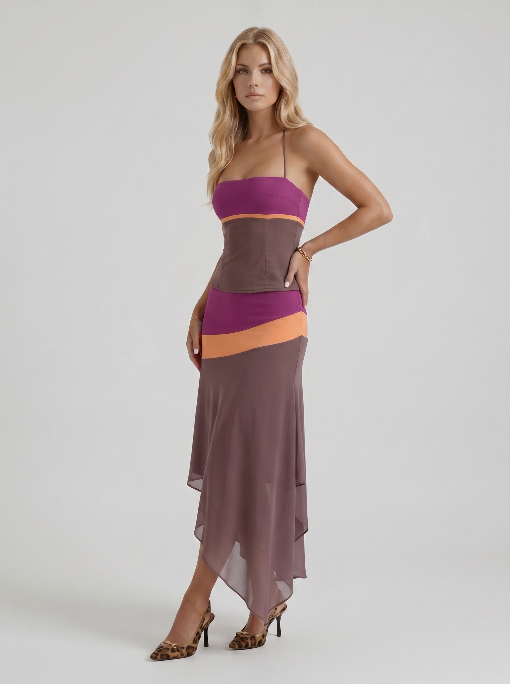 Women mauve and orange color block bandeau midi skirt set, 45 degree angle view
