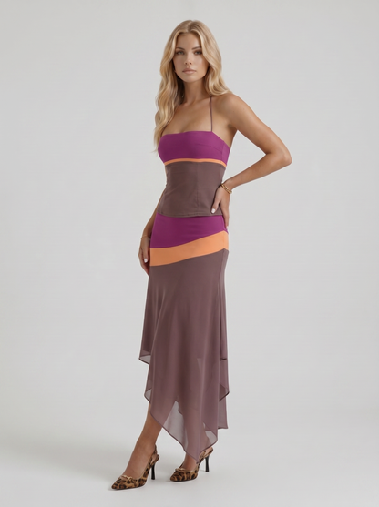 Women mauve and orange color block bandeau midi skirt set, 45 degree angle view