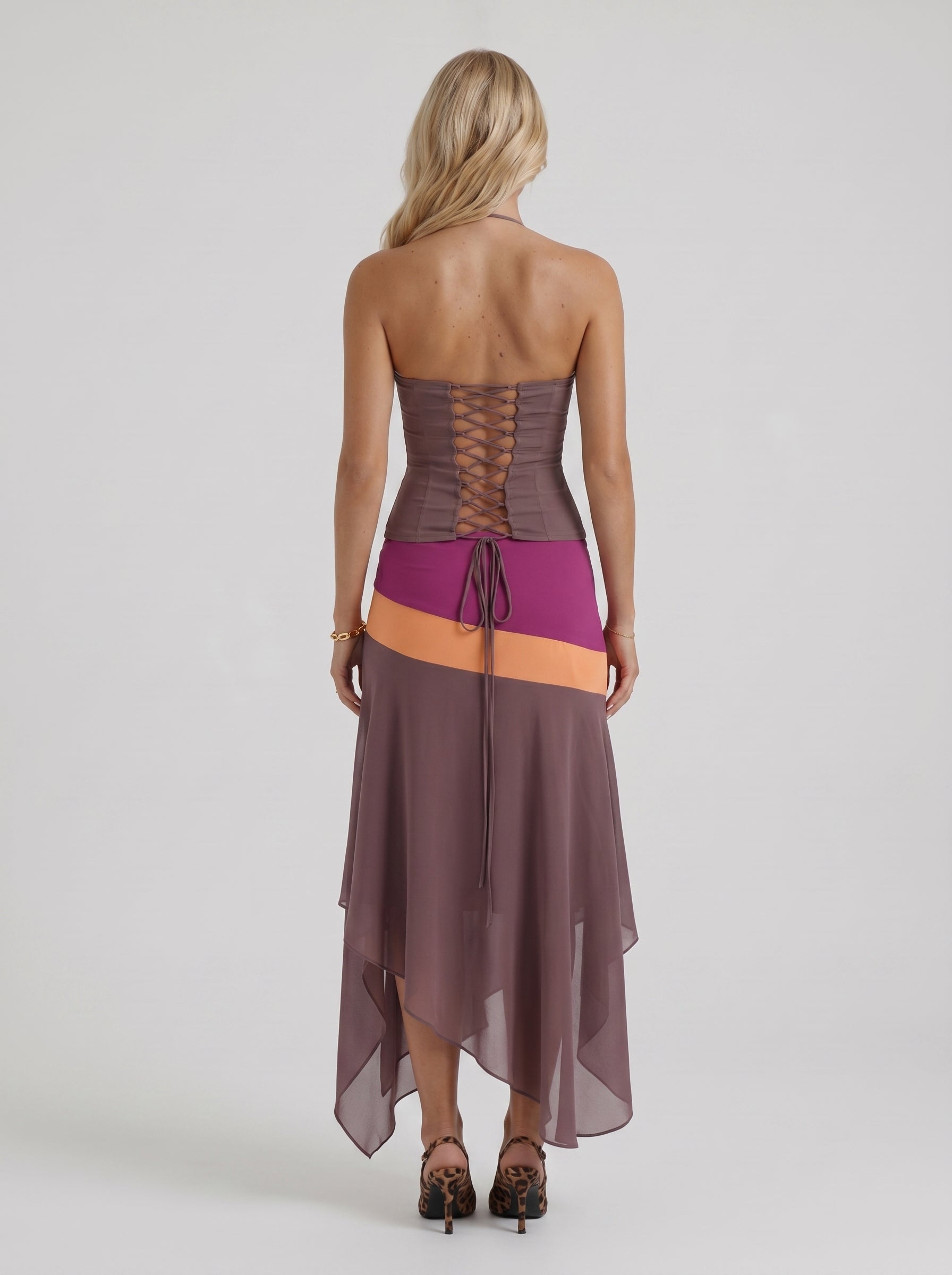 Women mauve and orange color block set with lace up corset back, back view