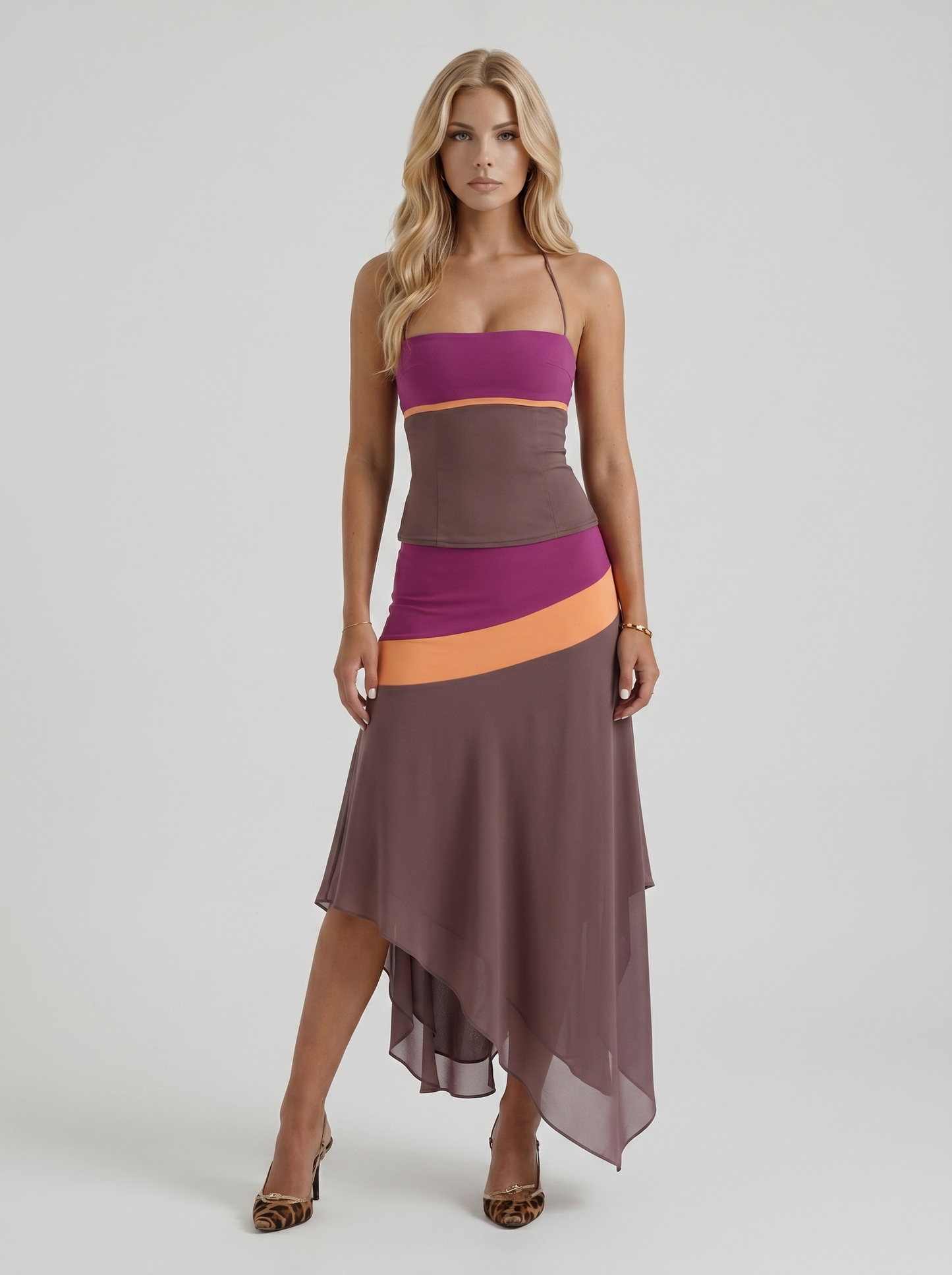 Women mauve and orange color block bandeau two piece set with asymmetric midi skirt, front view