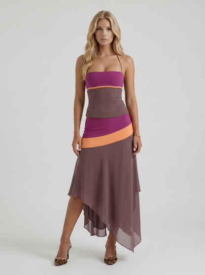 Women mauve and orange color block bandeau two piece set with asymmetric midi skirt, front view