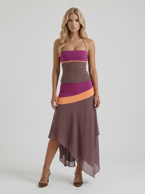 Women mauve and orange color block bandeau two piece set with asymmetric midi skirt, front view