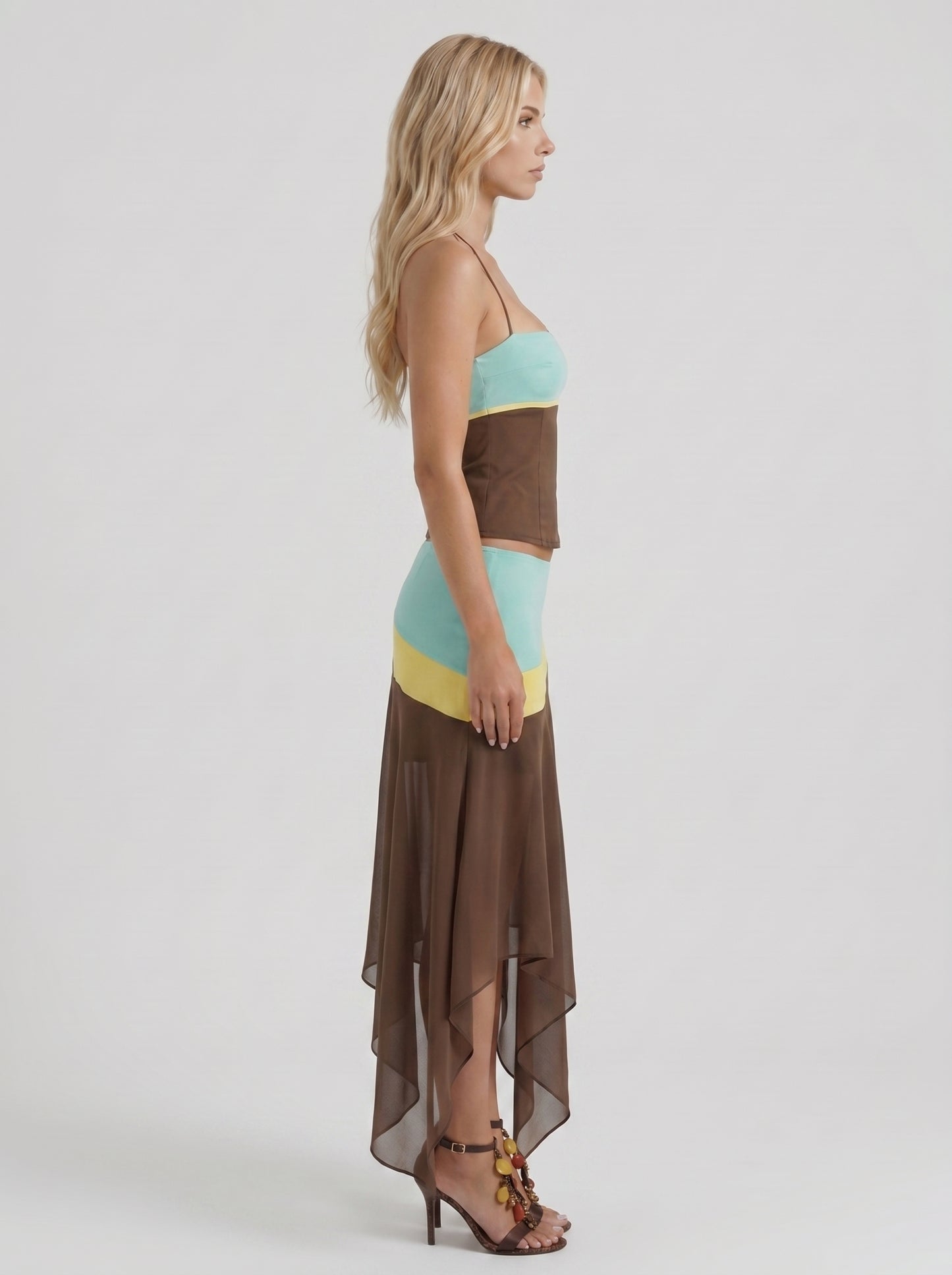 Women mocha and mint color block bandeau asymmetric skirt set, side profile view