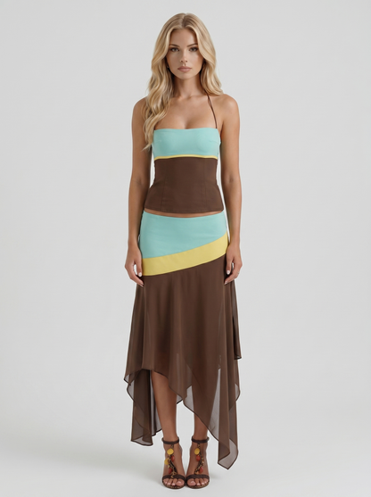 Women mocha and mint color block bandeau two piece set with asymmetric midi skirt, front view