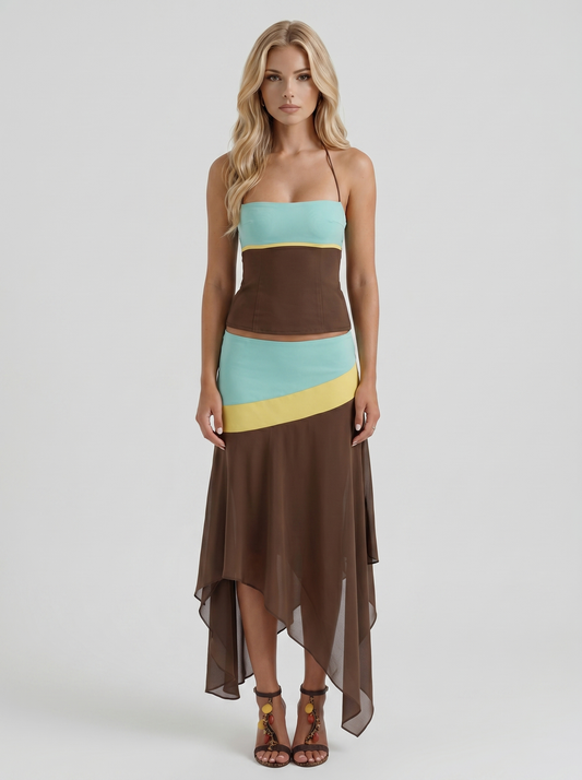 Women mocha and mint color block bandeau two piece set with asymmetric midi skirt, front view