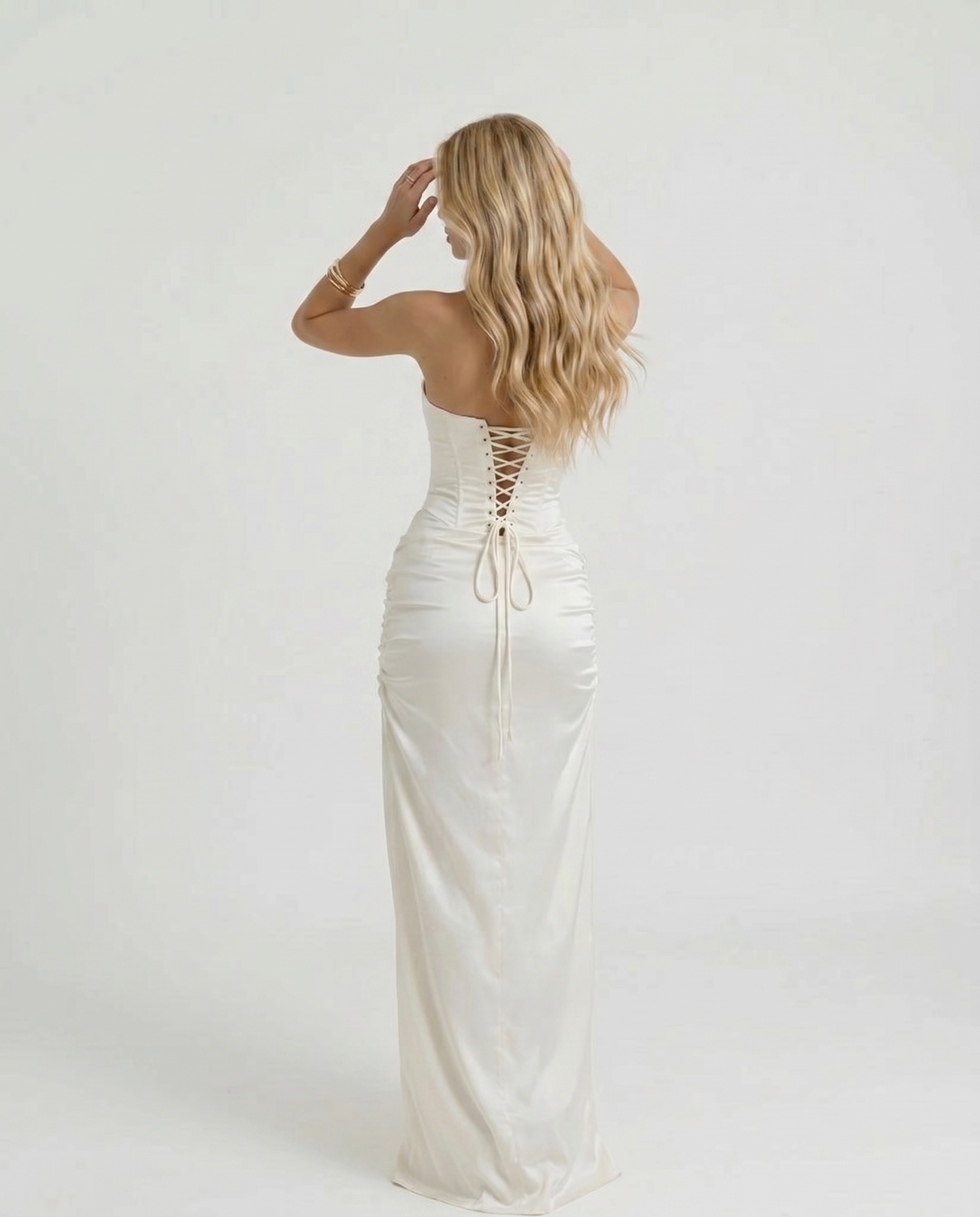 Cleo Strapless Corset Satin Maxi Dress - White
