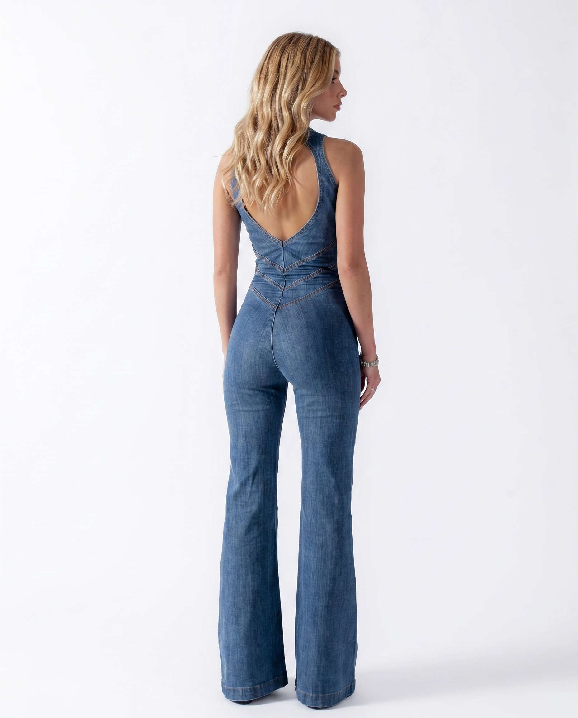 Cora Plunge V Denim Flare Jumpsuit